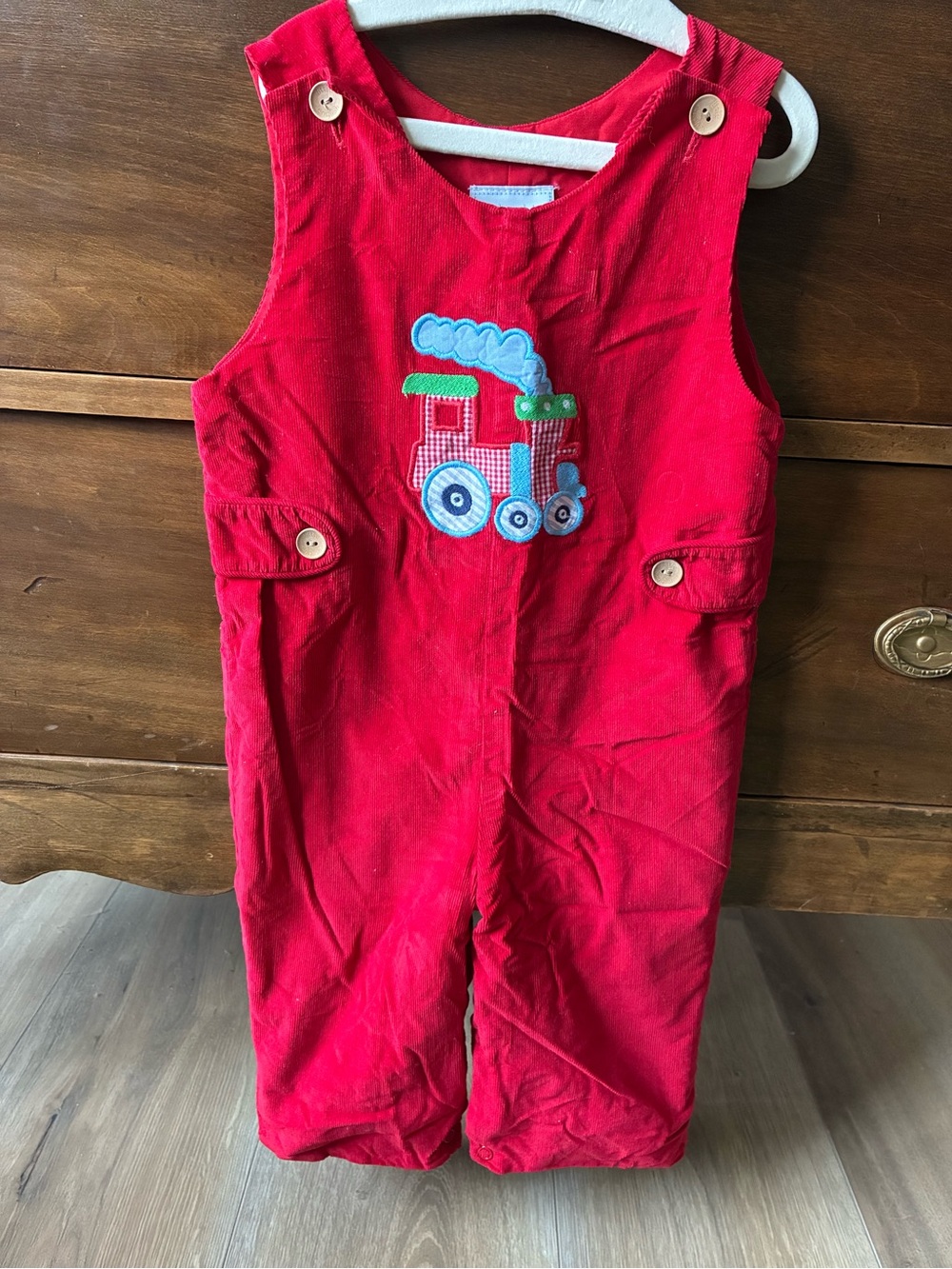 Little English Red Corduroy Overalls Romper with Train Applique